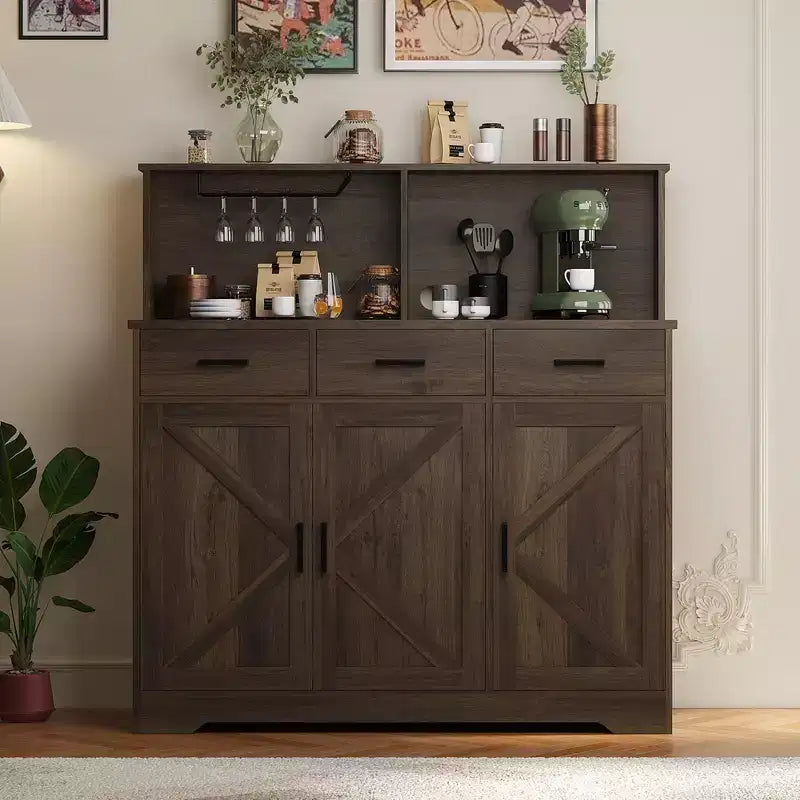 Credenza da Cucina Stile Rustico Marrone/Grigio/Bianco con Ripiano per Microonde, 3 Ante, Montaggio per 1 Persona