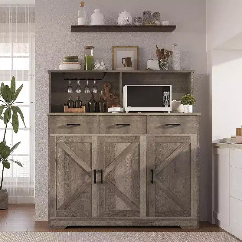 Credenza da Cucina Stile Rustico Marrone/Grigio/Bianco con Ripiano per Microonde, 3 Ante, Montaggio per 1 Persona