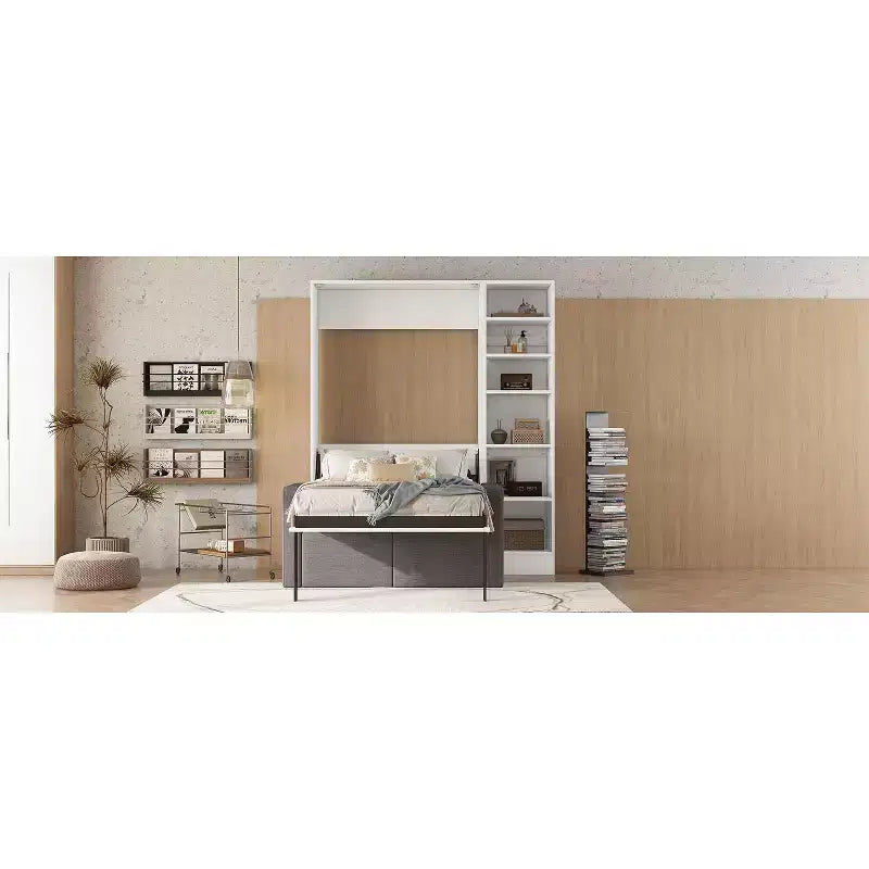 Letto a scomparsa matrimoniale/singolo bianco con divano e mensole, 1 posto