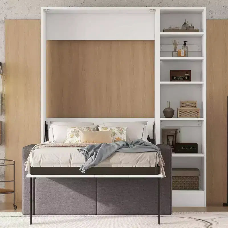 Letto a scomparsa matrimoniale/singolo bianco con divano e mensole, 1 posto