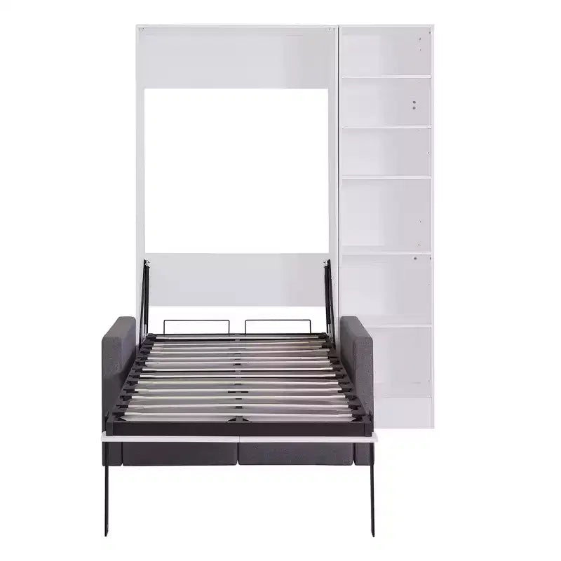 Letto a scomparsa matrimoniale/singolo bianco con divano e mensole, 1 posto